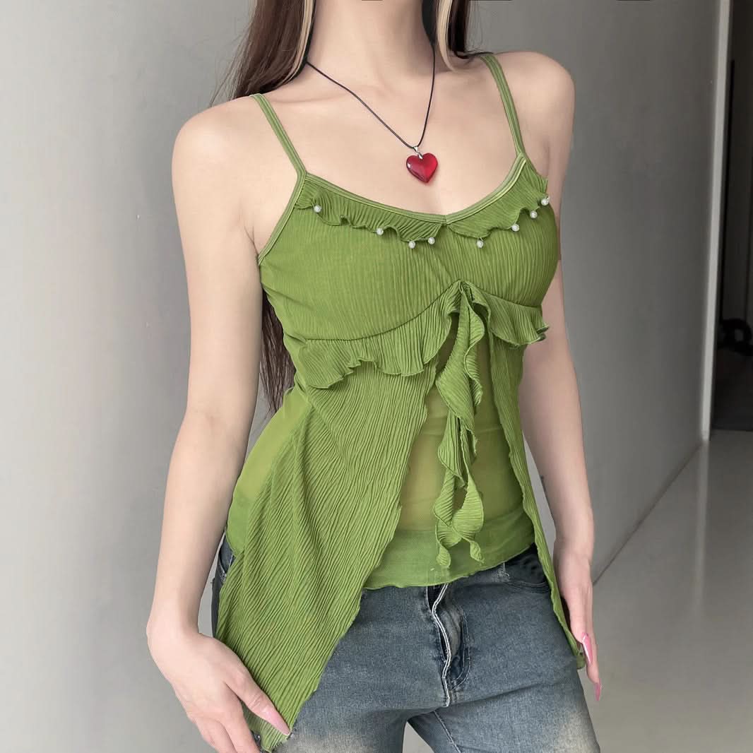 Ruffle u neck mesh textured green cami top  | Festival Outfits Women