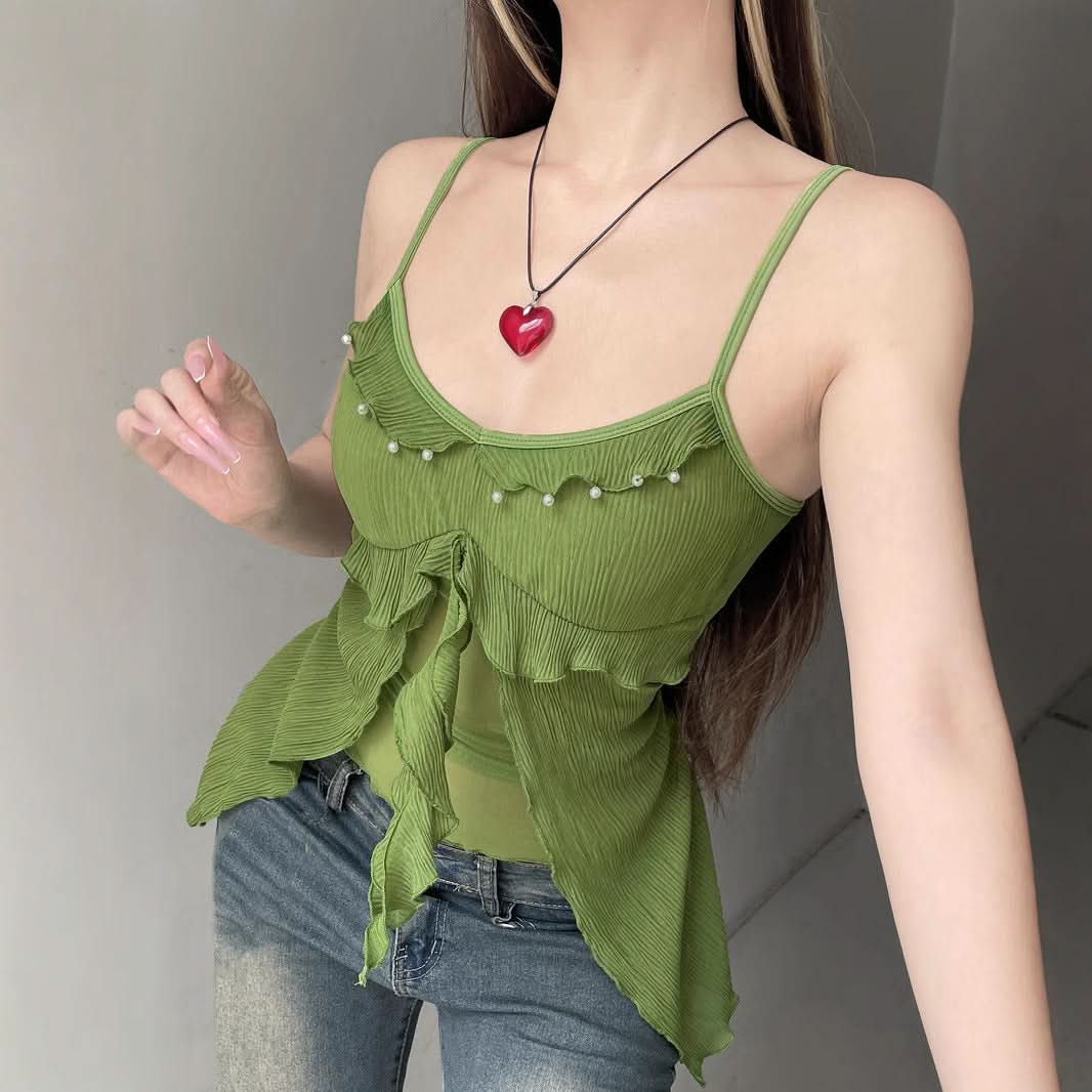 Ruffle u neck mesh textured green cami top  | Festival Outfits Women