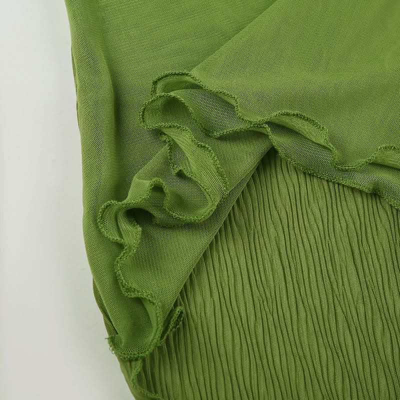 Ruffle u neck mesh textured green cami top  | Festival Outfits Women