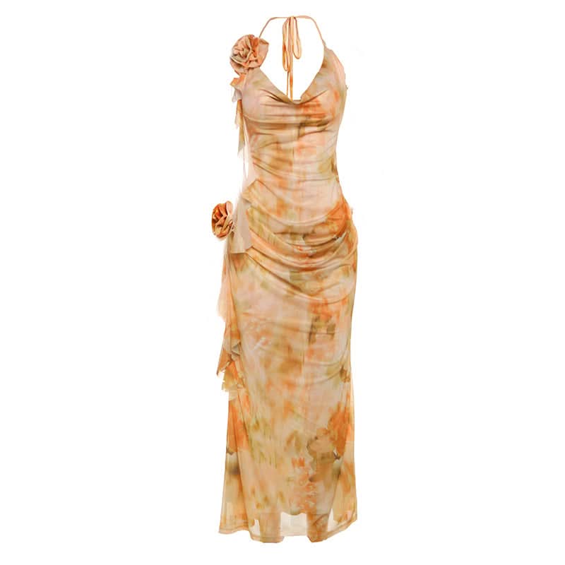 Cowl neck flower applique print halter maxi dress  | Festival Outfits Women