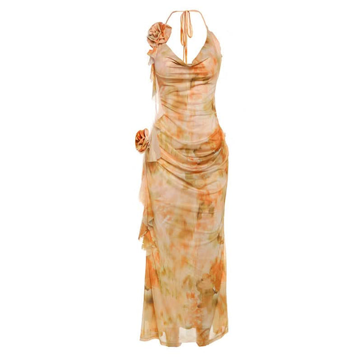 Cowl neck flower applique print halter maxi dress  | Festival Outfits Women