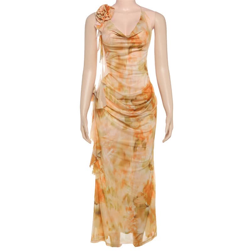 Cowl neck flower applique print halter maxi dress  | Festival Outfits Women