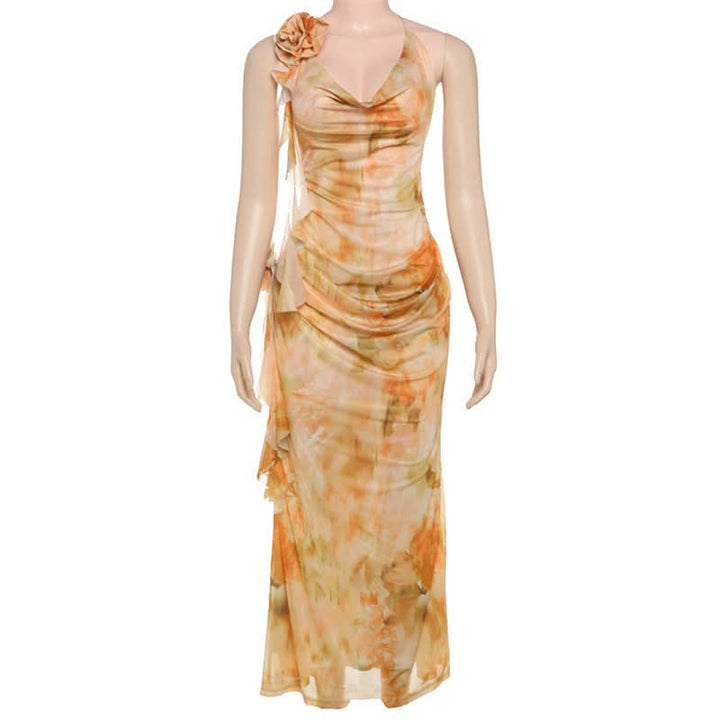 Cowl neck flower applique print halter maxi dress  | Festival Outfits Women