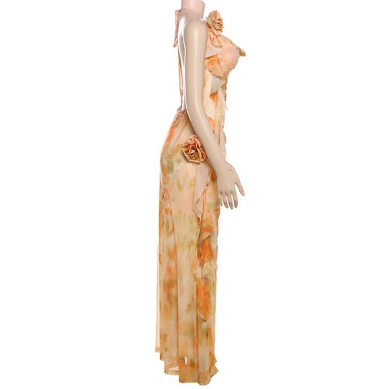Cowl neck flower applique print halter maxi dress  | Festival Outfits Women