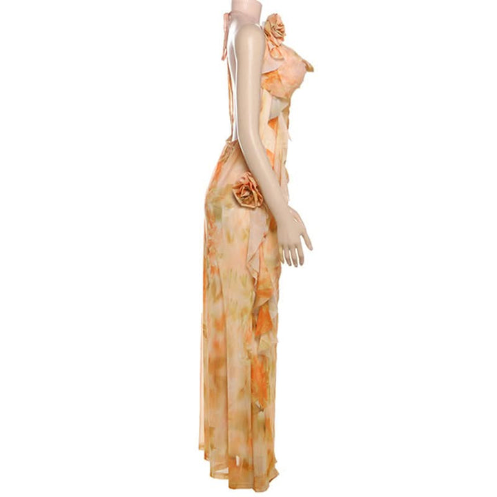 Cowl neck flower applique print halter maxi dress  | Festival Outfits Women