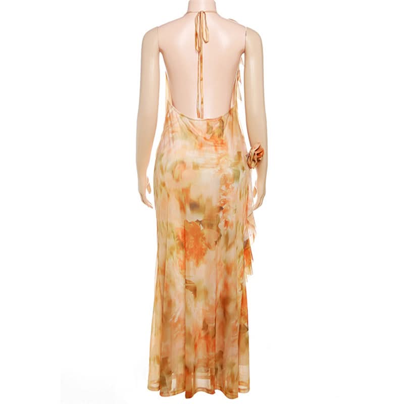 Cowl neck flower applique print halter maxi dress  | Festival Outfits Women