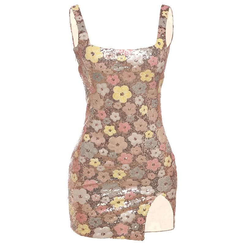 Glitter square neck zip-up slit mini dress  | Festival Outfits Women-final-sale