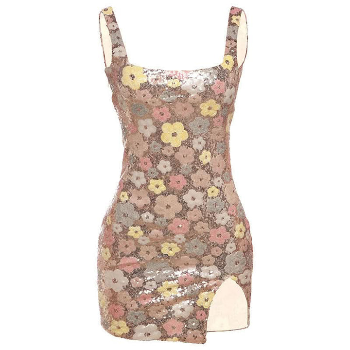 Glitter square neck zip-up slit mini dress  | Festival Outfits Women-final-sale