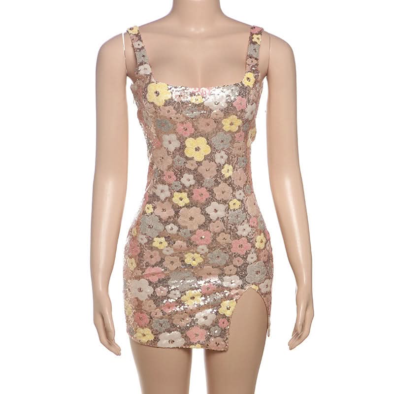 Glitter square neck zip-up slit mini dress  | Festival Outfits Women-final-sale