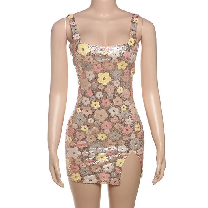 Glitter square neck zip-up slit mini dress  | Festival Outfits Women-final-sale