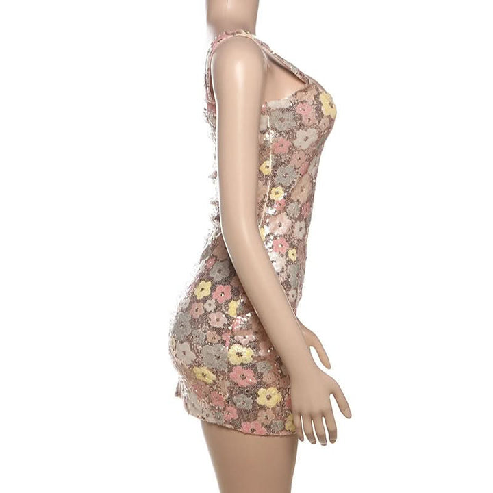 Glitter square neck zip-up slit mini dress  | Festival Outfits Women-final-sale
