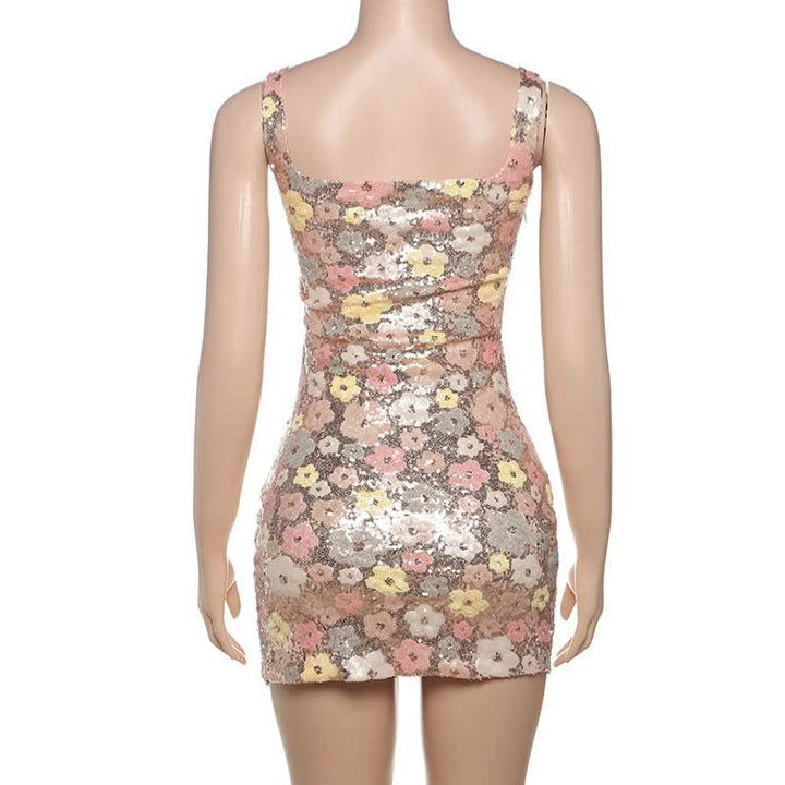Glitter square neck zip-up slit mini dress  | Festival Outfits Women-final-sale