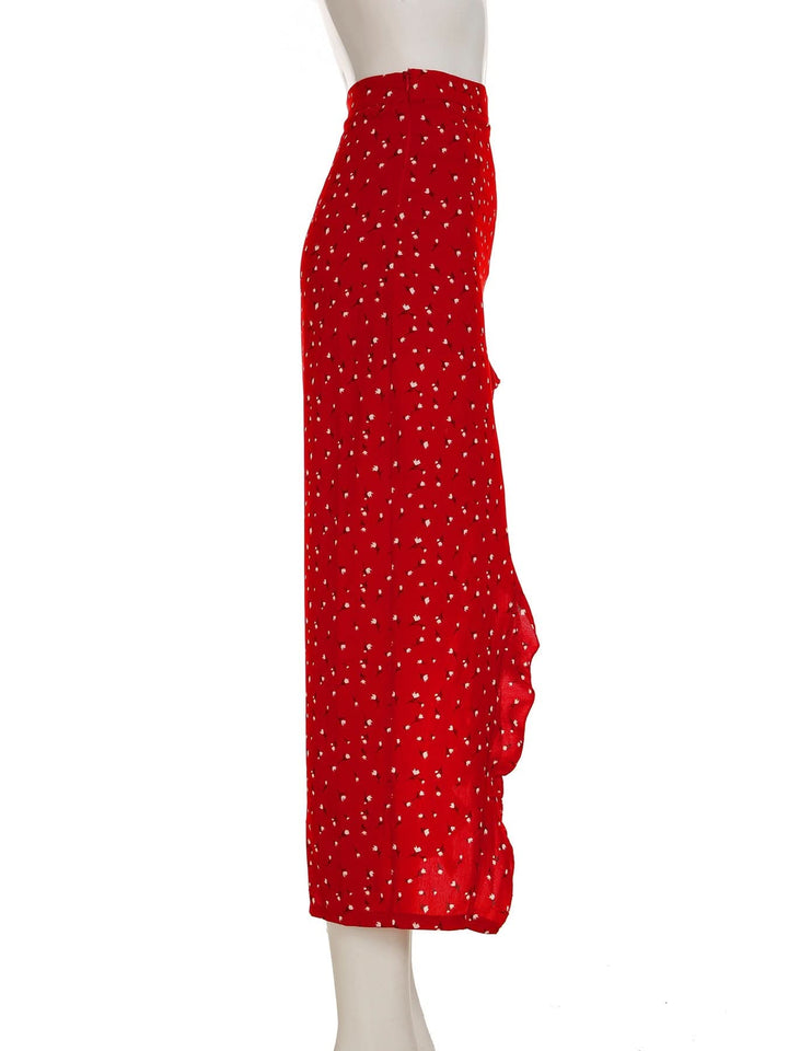 Ruffle slit irregular zip-up flower print midi skirt  | Festival Outfits Women