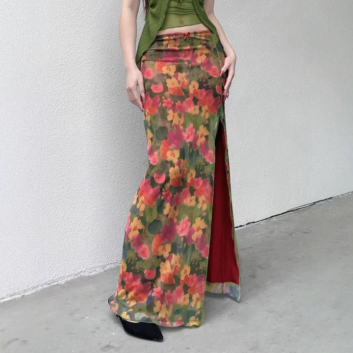 Slit irregular mesh flower print maxi skirt  | Festival Outfits Women