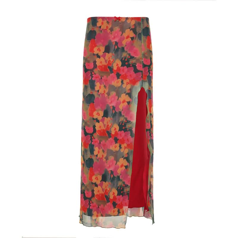 Slit irregular mesh flower print maxi skirt  | Festival Outfits Women