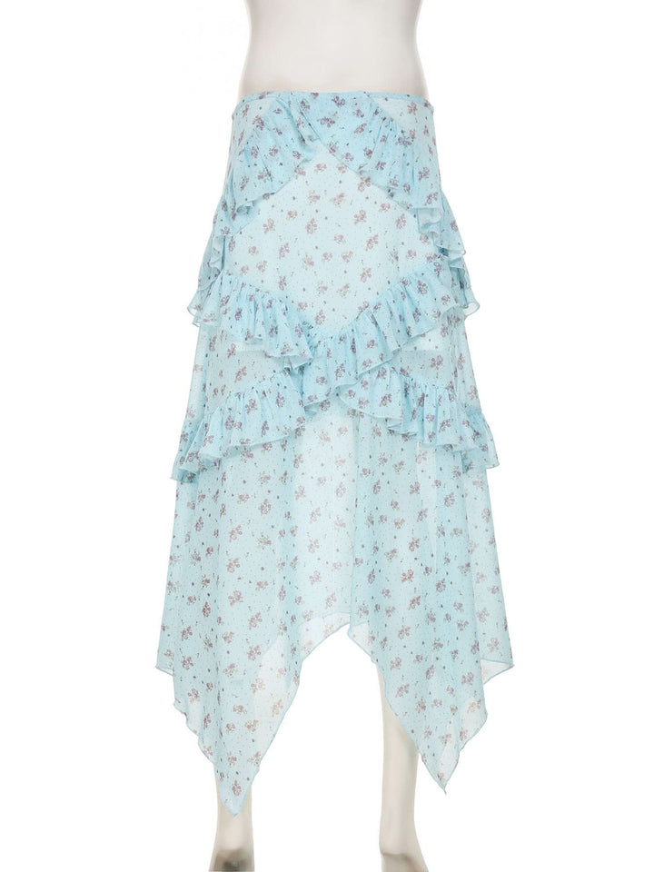 Ruffle mesh flower print ruched maxi skirt  | Festival Outfits Women