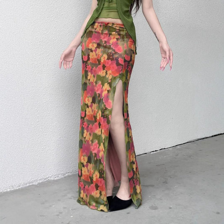 Slit irregular mesh flower print maxi skirt  | Festival Outfits Women
