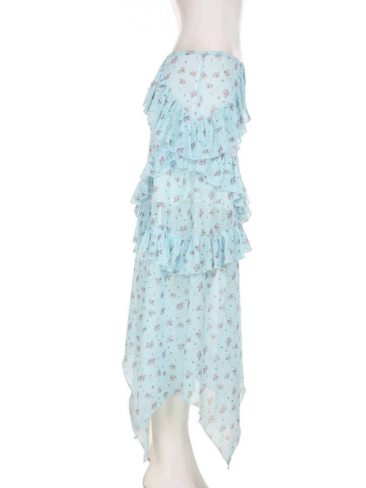 Ruffle mesh flower print ruched maxi skirt  | Festival Outfits Women