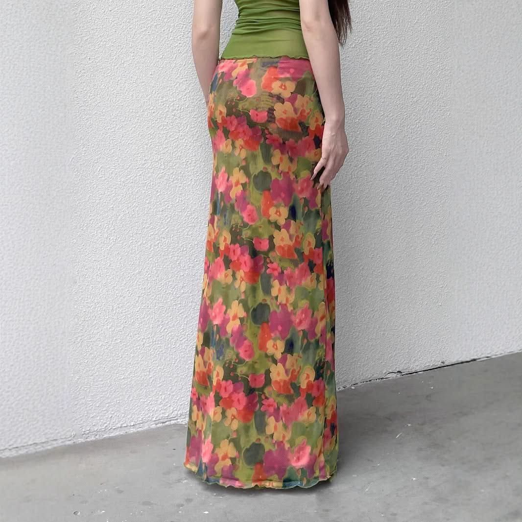 Slit irregular mesh flower print maxi skirt  | Festival Outfits Women