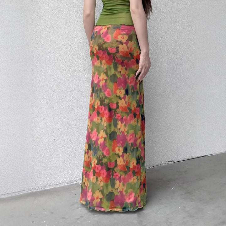 Slit irregular mesh flower print maxi skirt  | Festival Outfits Women