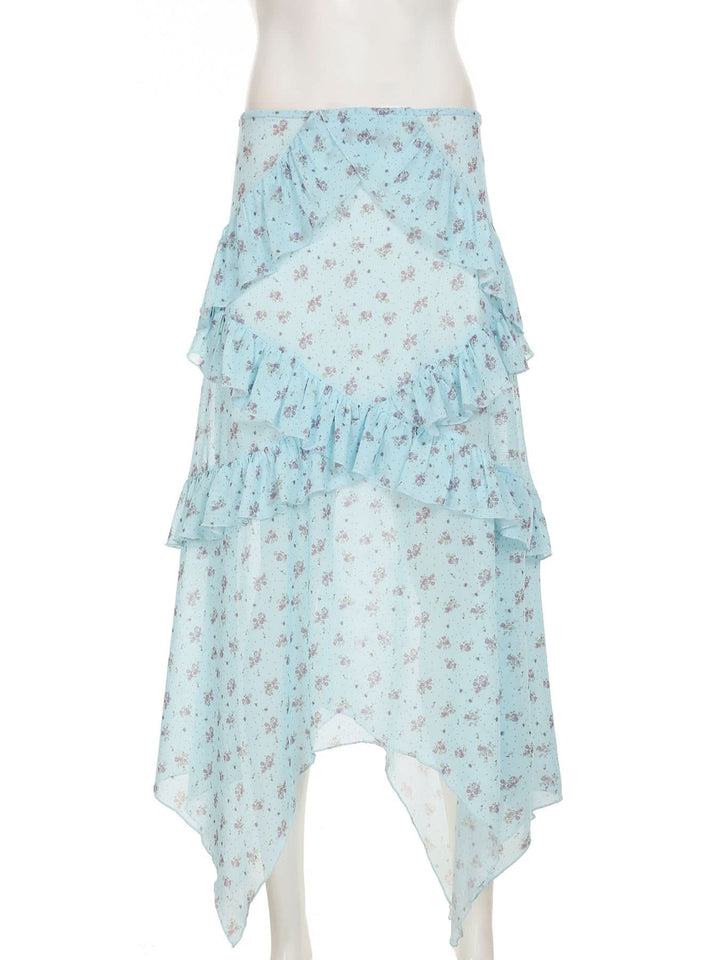 Ruffle mesh flower print ruched maxi skirt  | Festival Outfits Women