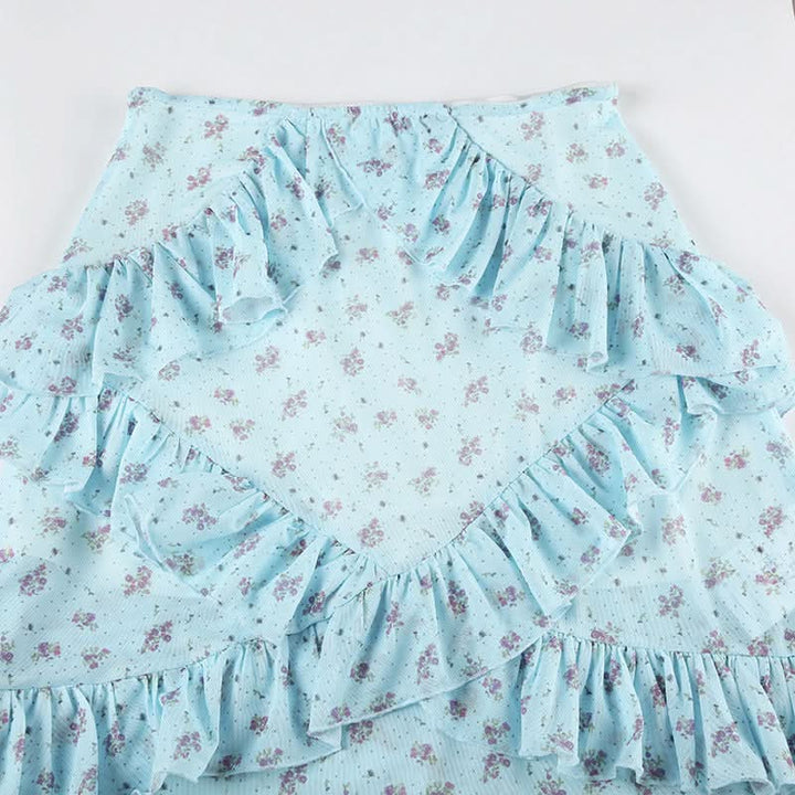 Ruffle mesh flower print ruched maxi skirt  | Festival Outfits Women