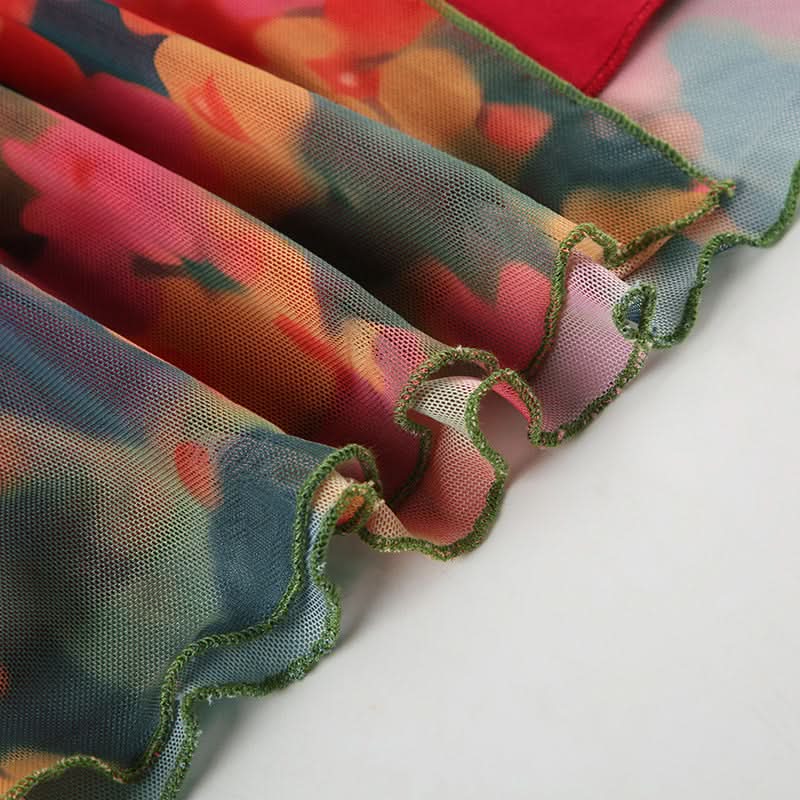 Slit irregular mesh flower print maxi skirt  | Festival Outfits Women