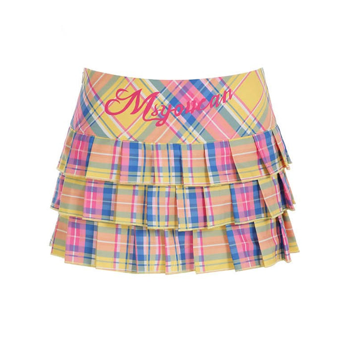 Pleated plaid zip-up letter pattern A line mini skirt  | Festival Outfits Women