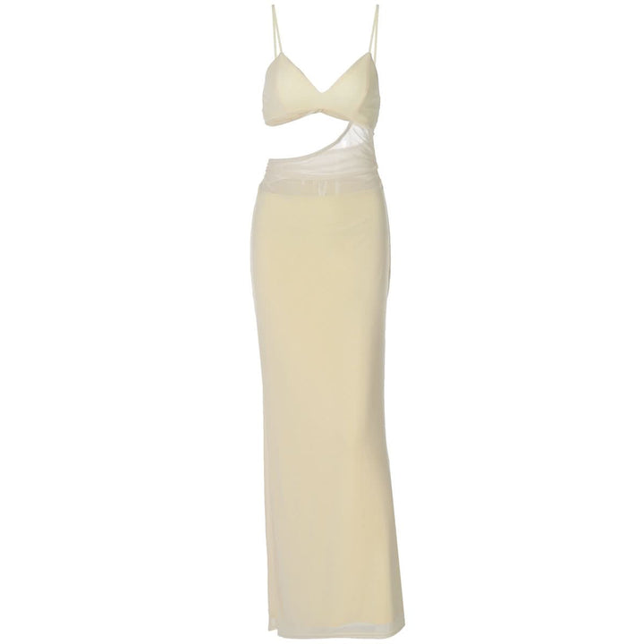 V neck solid hollow out mesh cami cut out maxi dress  | Festival Outfits Women