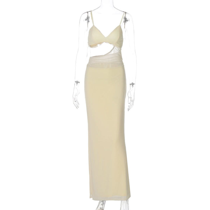 V neck solid hollow out mesh cami cut out maxi dress  | Festival Outfits Women