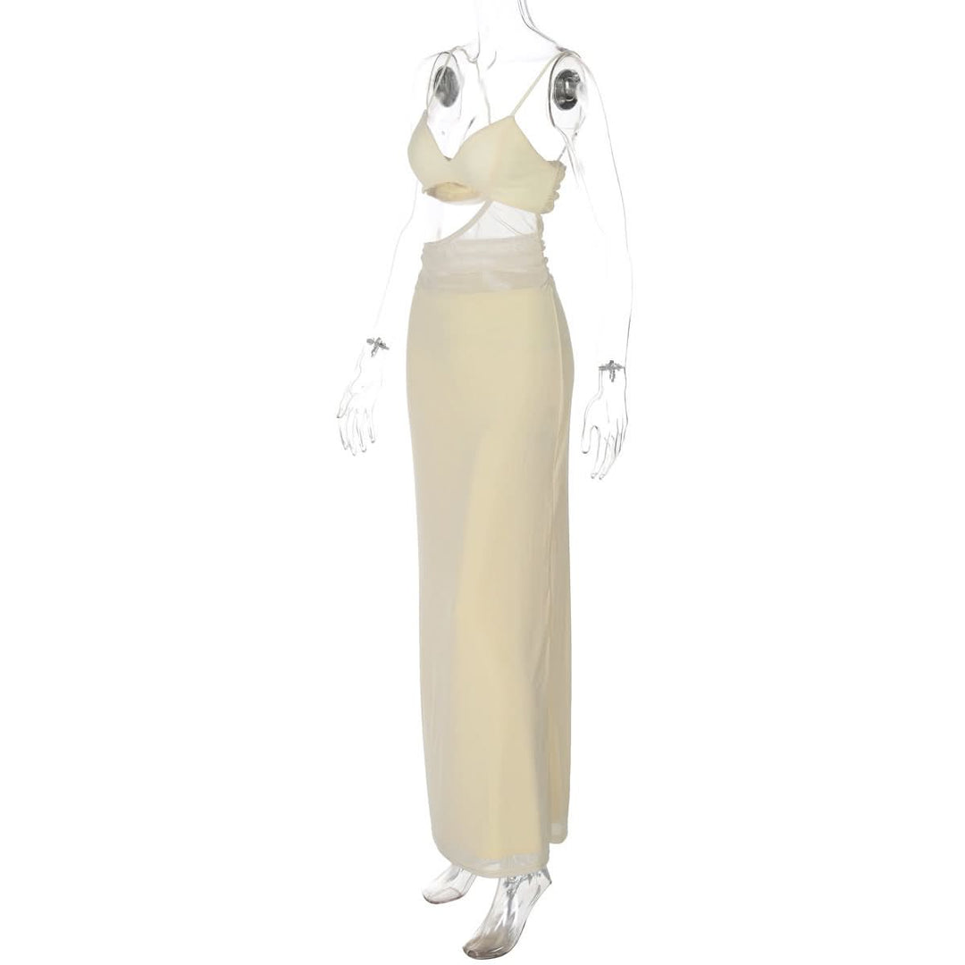V neck solid hollow out mesh cami cut out maxi dress  | Festival Outfits Women