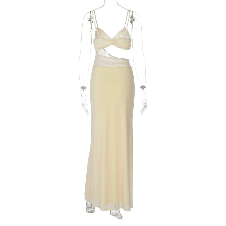 V neck solid hollow out mesh cami cut out maxi dress  | Festival Outfits Women