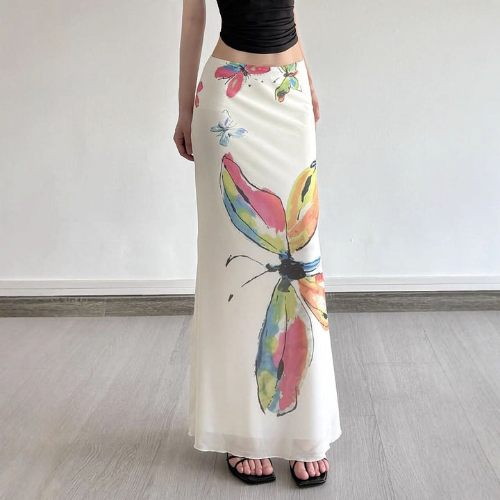 Mesh butterfly print contrast maxi skirt  | Festival Outfits Women