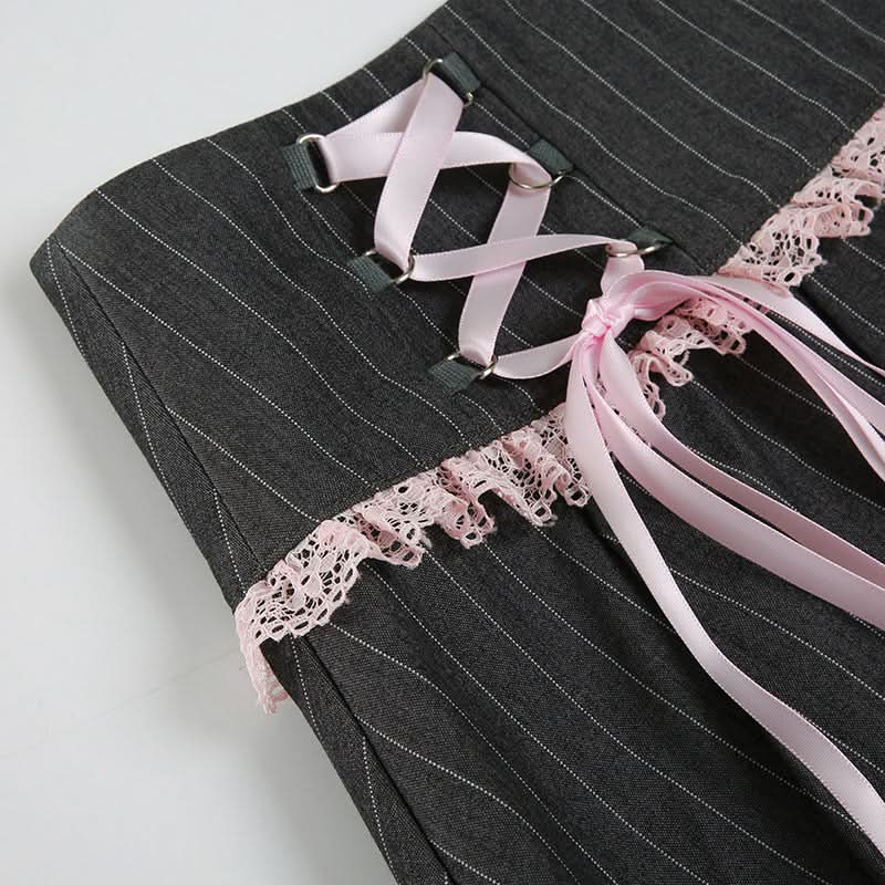 A line pleated lace hem zip-up ribbon mini skirt  | Festival Outfits Women