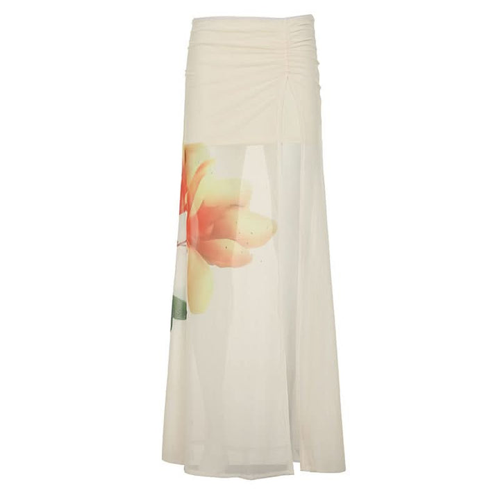 Slit ruched mesh print irregular maxi skirt  | Festival Outfits Women