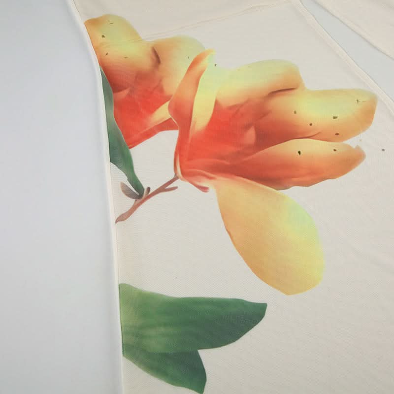 Slit ruched mesh print irregular maxi skirt  | Festival Outfits Women