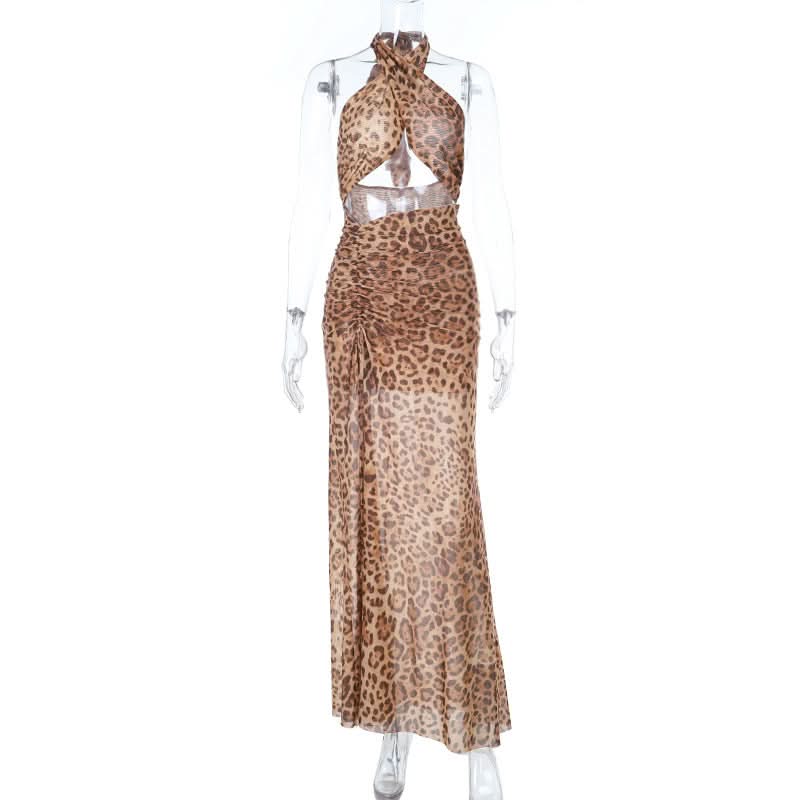 Leopard print slit cross front hollow out cut out maxi dress-final-sale