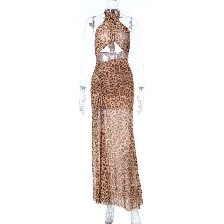 Leopard print slit cross front hollow out cut out maxi dress-final-sale