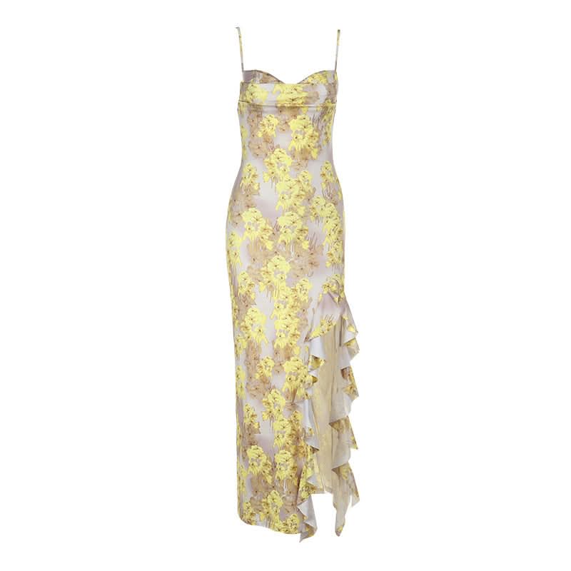 Flower print ruffle slit cami maxi dress  | Festival Outfits Women