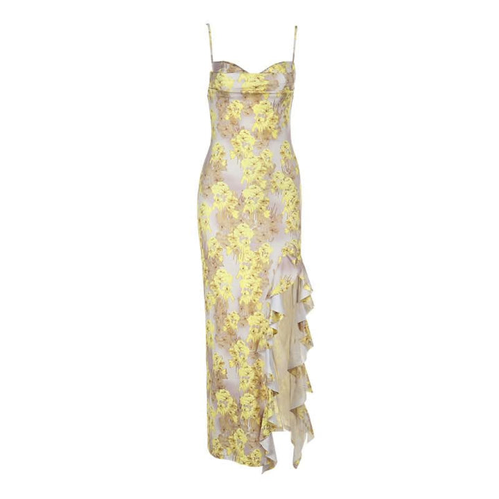 Flower print ruffle slit cami maxi dress  | Festival Outfits Women