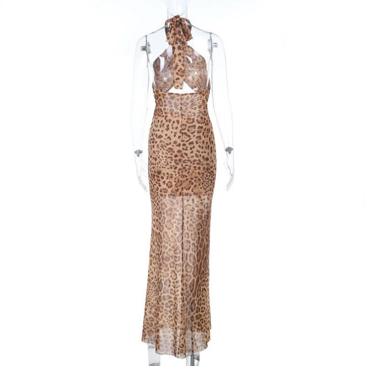 Leopard print slit cross front hollow out cut out maxi dress-final-sale