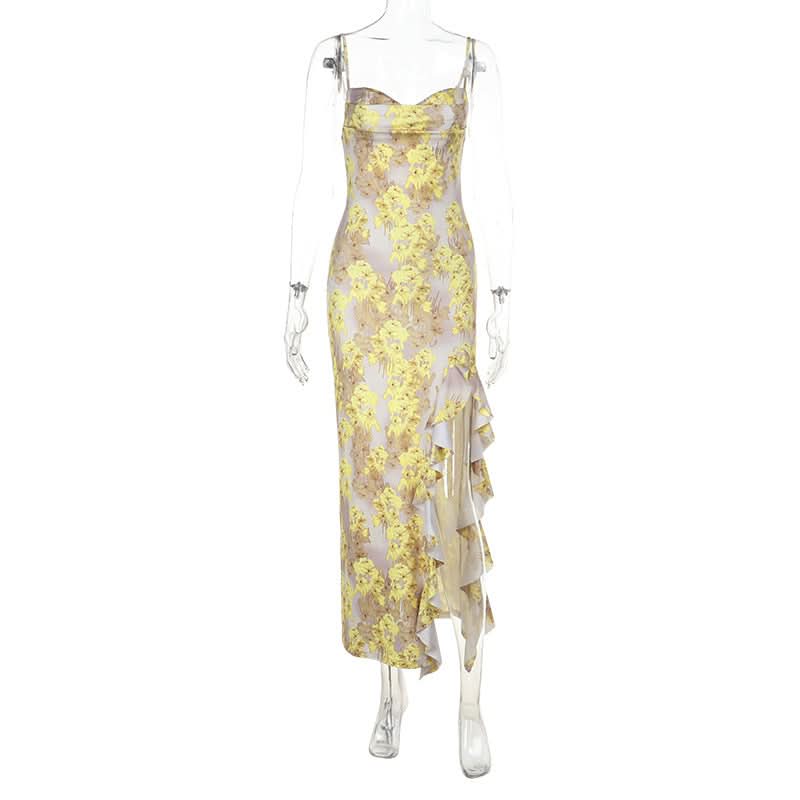 Flower print ruffle slit cami maxi dress  | Festival Outfits Women