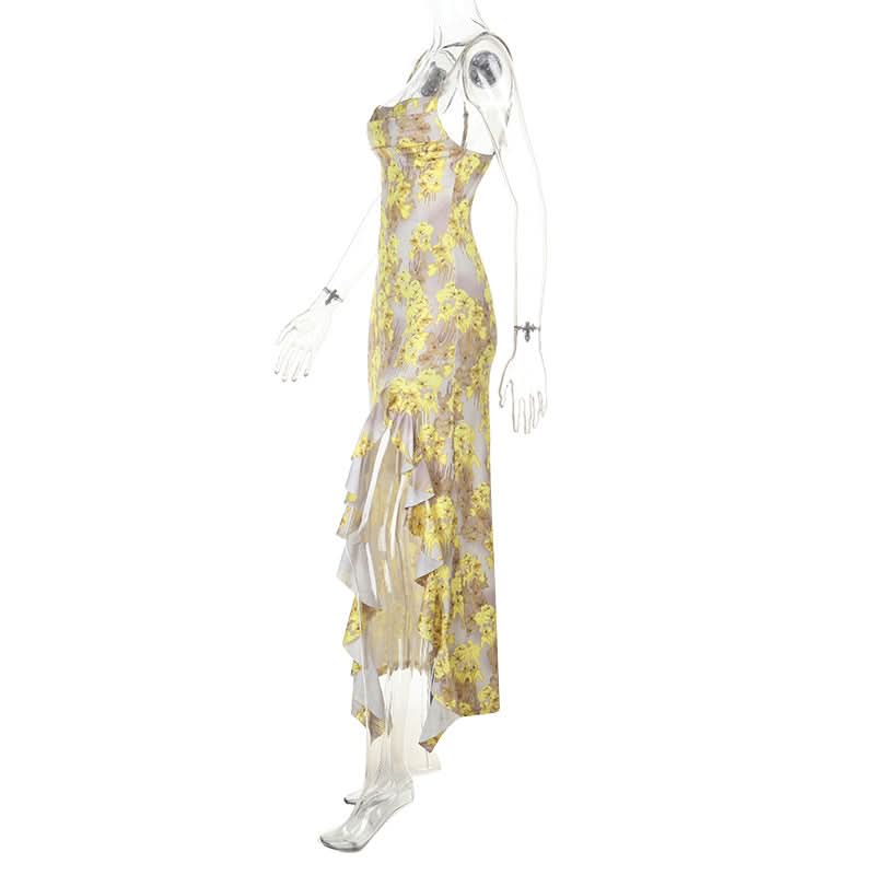 Flower print ruffle slit cami maxi dress  | Festival Outfits Women