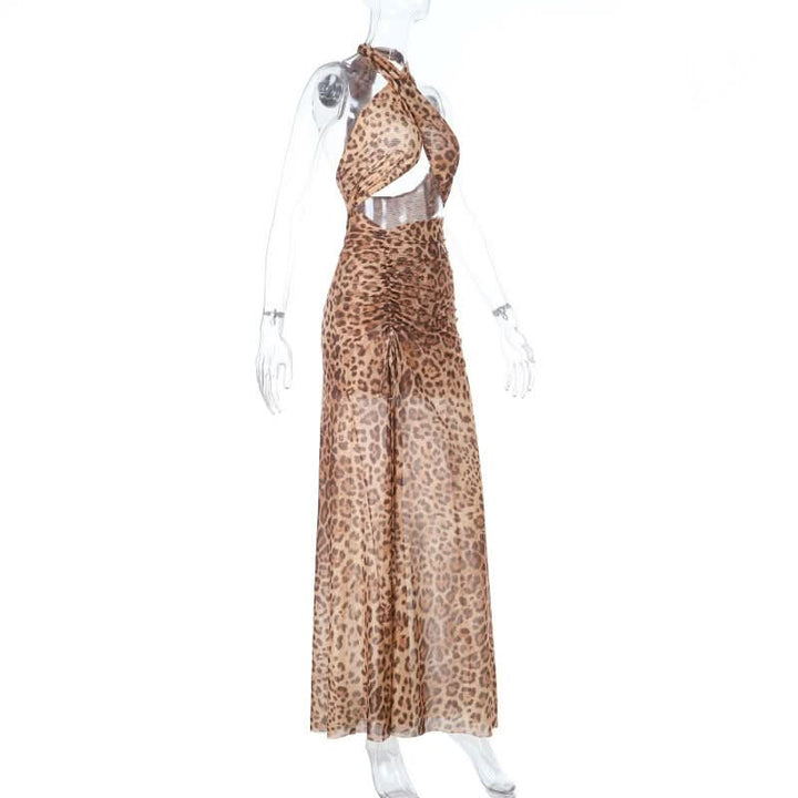 Leopard print slit cross front hollow out cut out maxi dress-final-sale