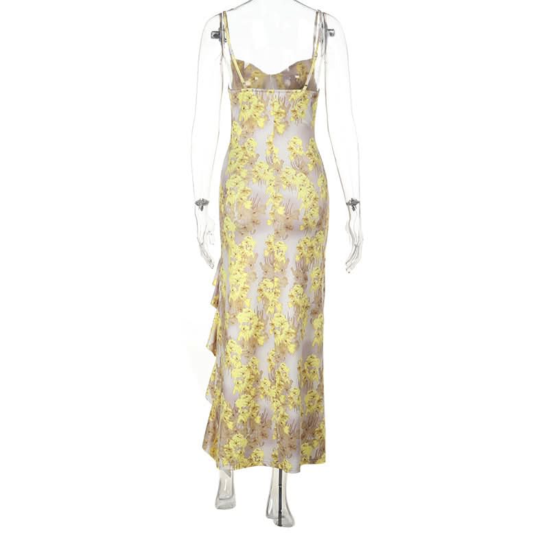 Flower print ruffle slit cami maxi dress  | Festival Outfits Women
