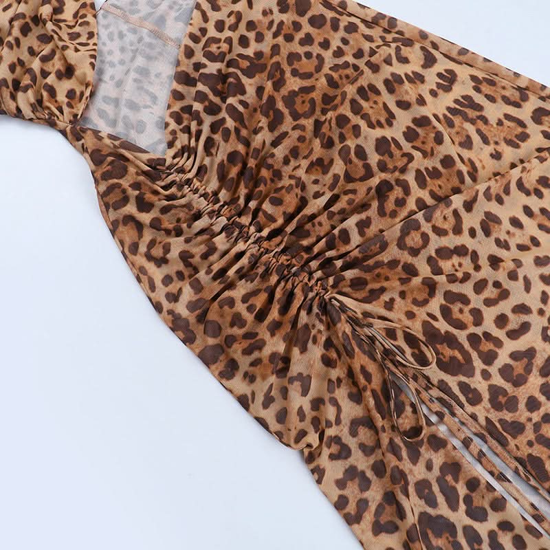 Leopard print slit cross front hollow out cut out maxi dress-final-sale