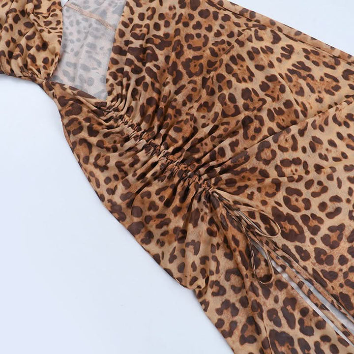 Leopard print slit cross front hollow out cut out maxi dress-final-sale