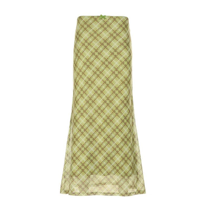 Bowknot plaid mesh contrast midi skirt  | Festival Outfits Women