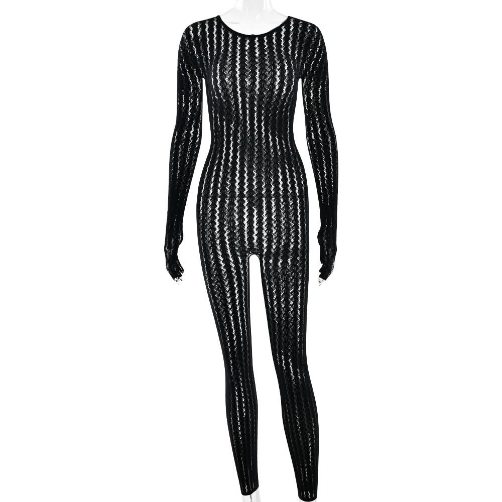 Long sleeve round neck gloves hollow out jumpsuit  | Festival Outfits Women