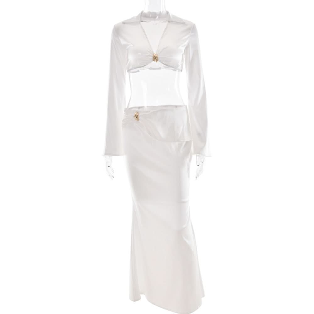 Satin long sleeve v neck maxi skirt set  | Festival Outfits Women